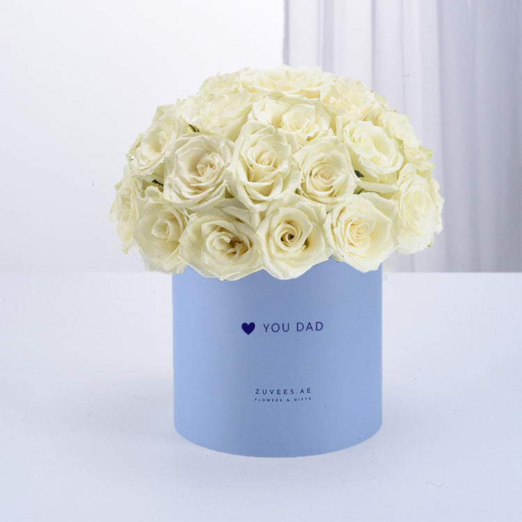 Cream roses in soft blue hat box, "YOU DAD" heartfelt gift.