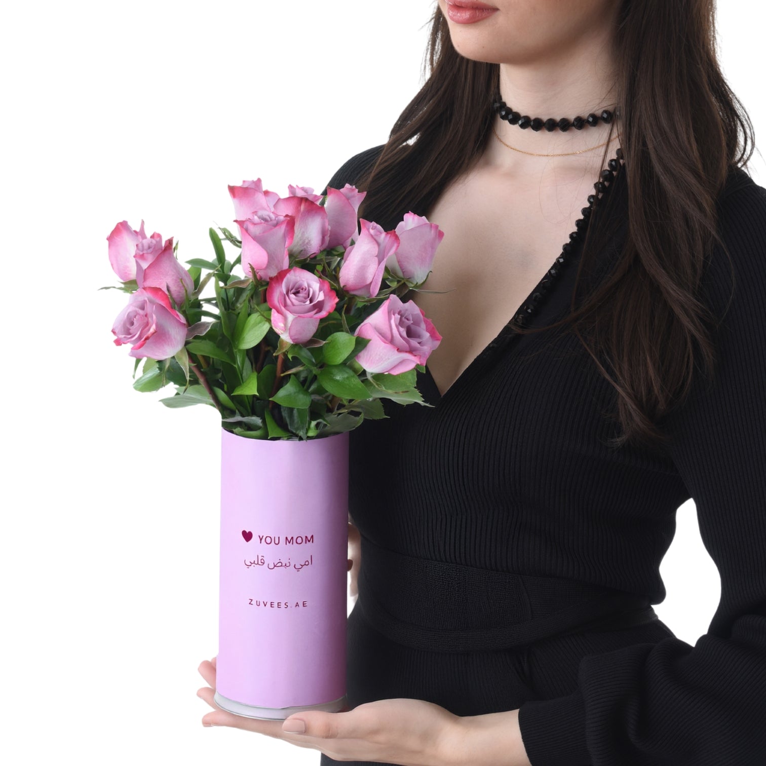 12 Purple Roses Vase To Mom with Zuvees Chocolates - Zuvees.ae