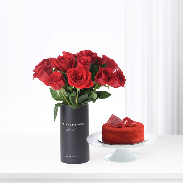 12 Red Roses In You Are My World Vase Cake Combo - Zuvees.ae