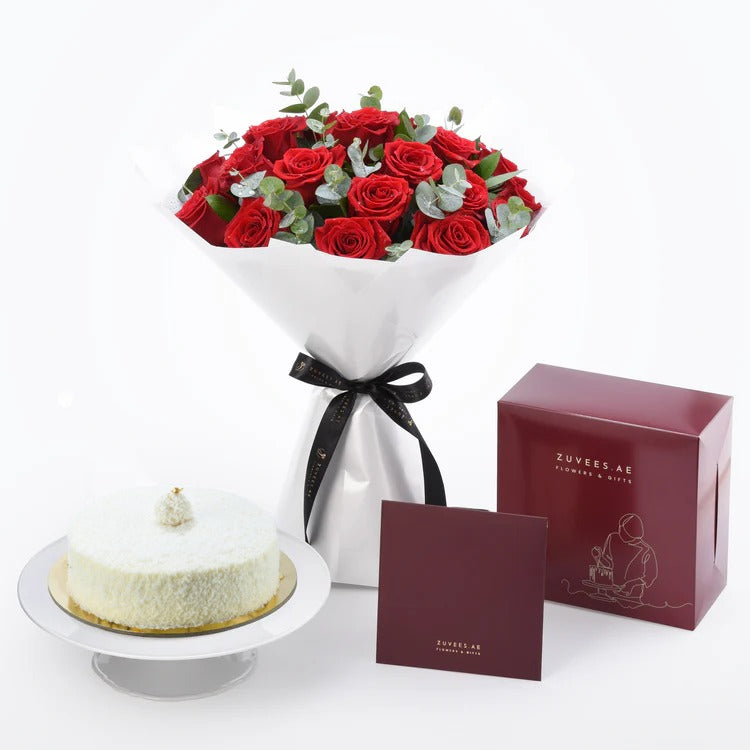 24 Red Roses Scarlet Bouquet Cake Combo - Zuvees.ae
