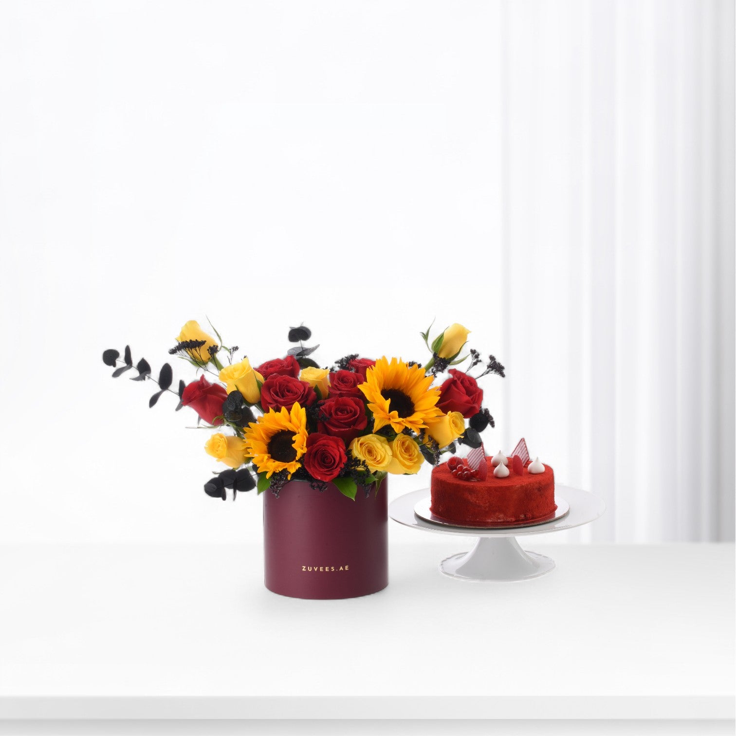 Crimson Sol Bloom Box with Red Velvet Cake