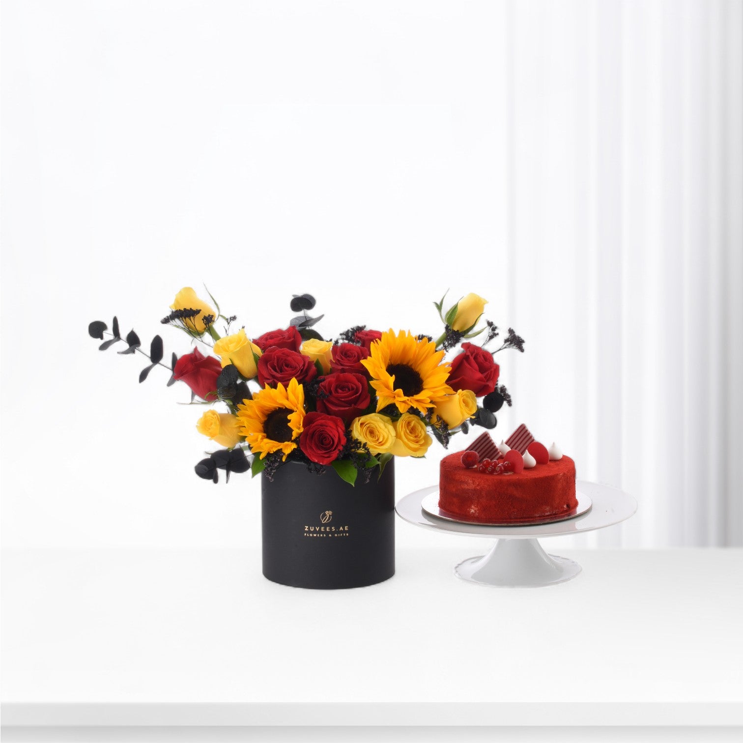 Crimson Sol Bloom Box with Red Velvet Cake