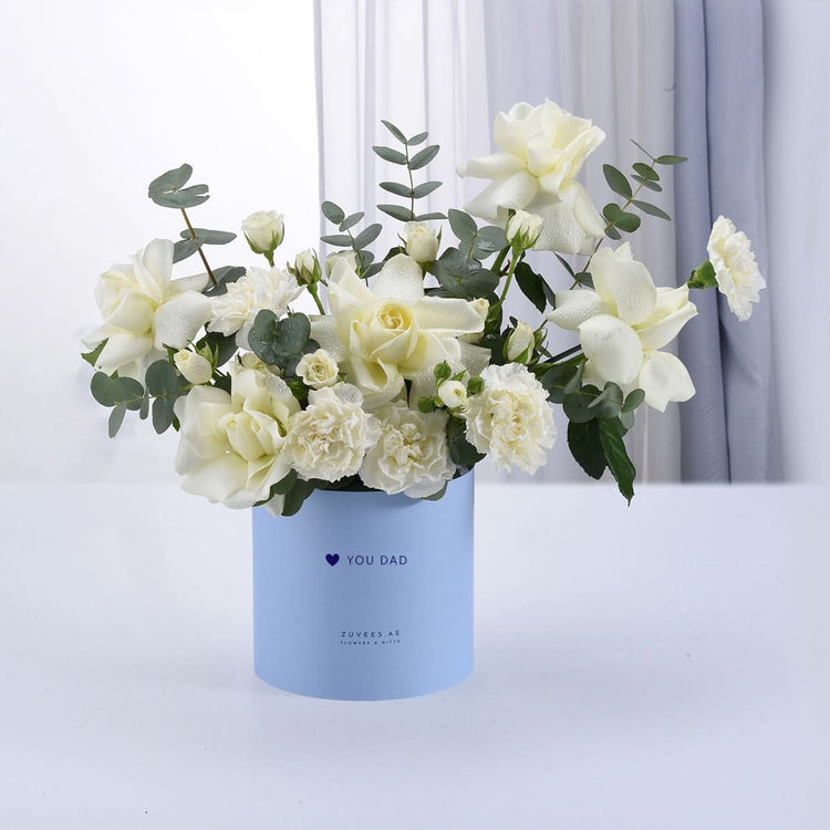 White roses and carnations in light blue "You Dad" gift box.