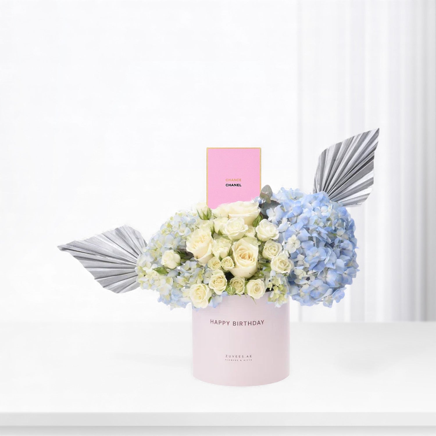 Blue & White Birthday Bloom Box Perfume Combo - Zuvees.ae