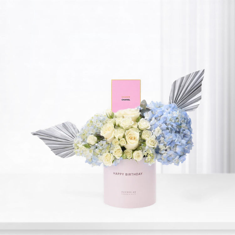 Blue & White Birthday Bloom Box Perfume Combo - Zuvees.ae