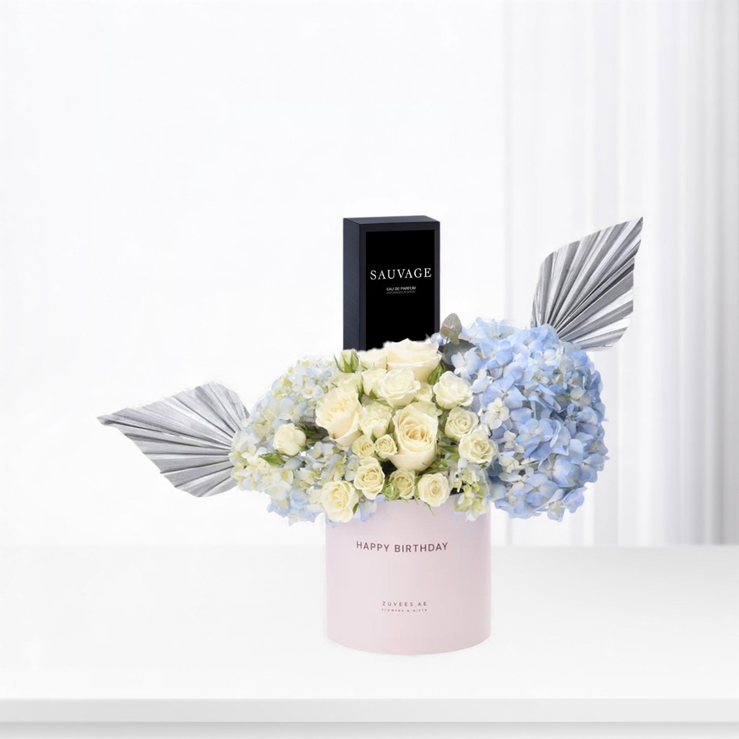 Blue & White Birthday Bloom Box Perfume Combo - Zuvees.ae