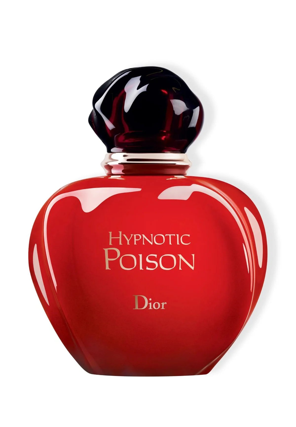 Vibrant red Dior Hypnotic Poison bottle with glossy finish and black cap.