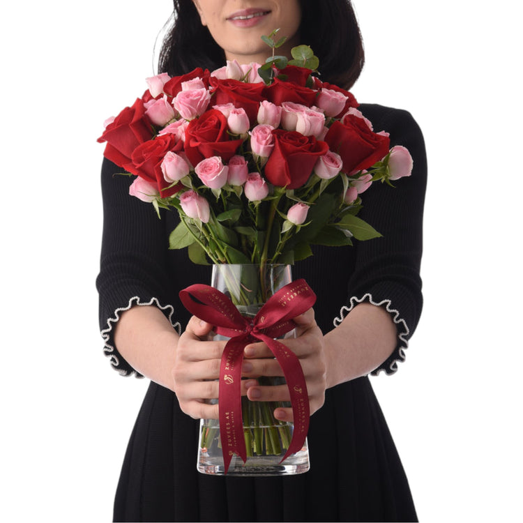Love Harmony Mixed Roses in Vase - Zuvees.ae