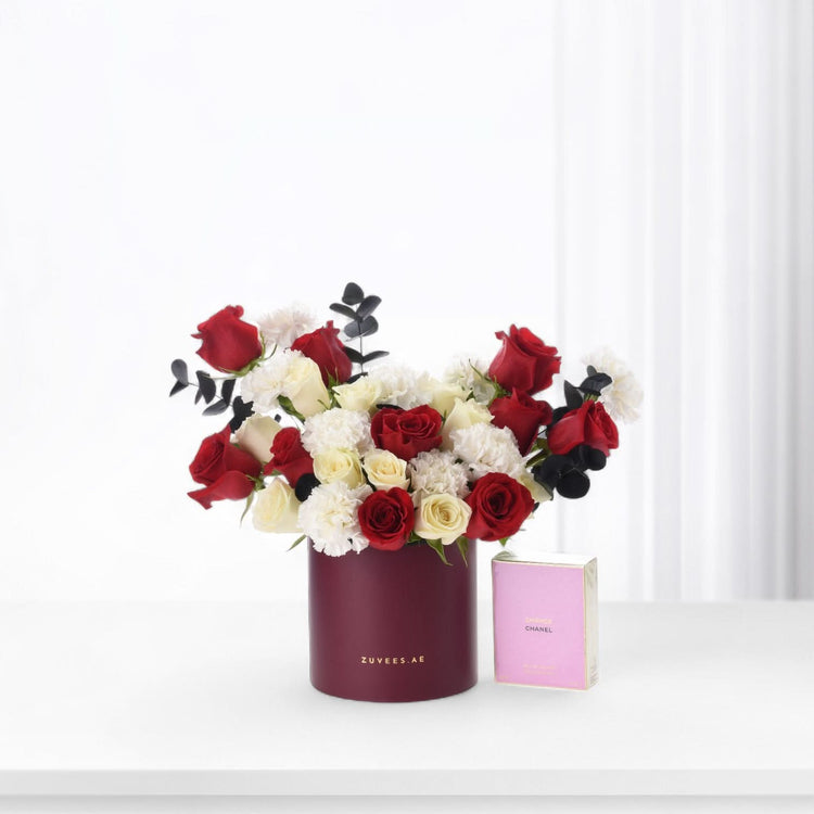 Oasis of Roses in Signature Box With Chanel Chance Perfume
