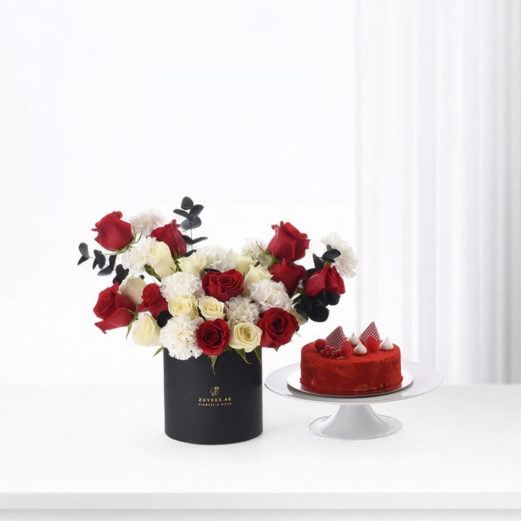 Oasis of Roses in Black Box with Red Velvet Cake
