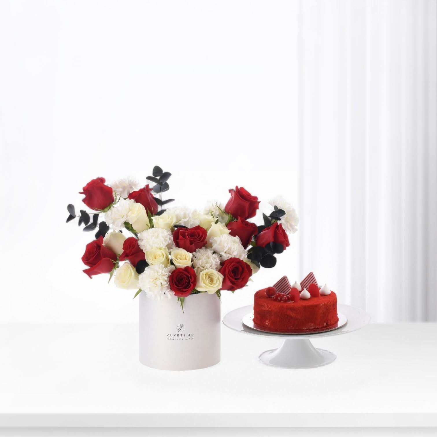 Oasis of Roses in White Box with Red Velvet Cake