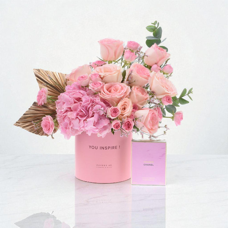 Pink roses and hydrangeas in branded box with Chanel perfume, elegant gift set.