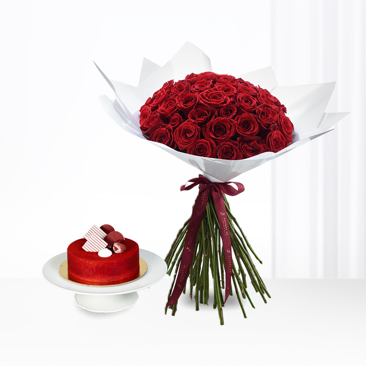 50 Red Roses & Red Velvet Cake Combo