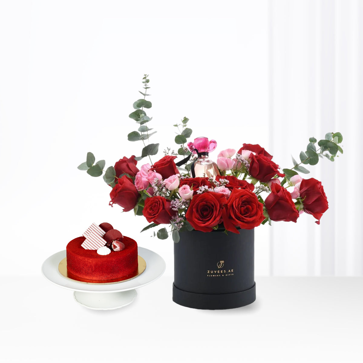 Red & Pink Rose Gift Box with Guess Perfume & Cake