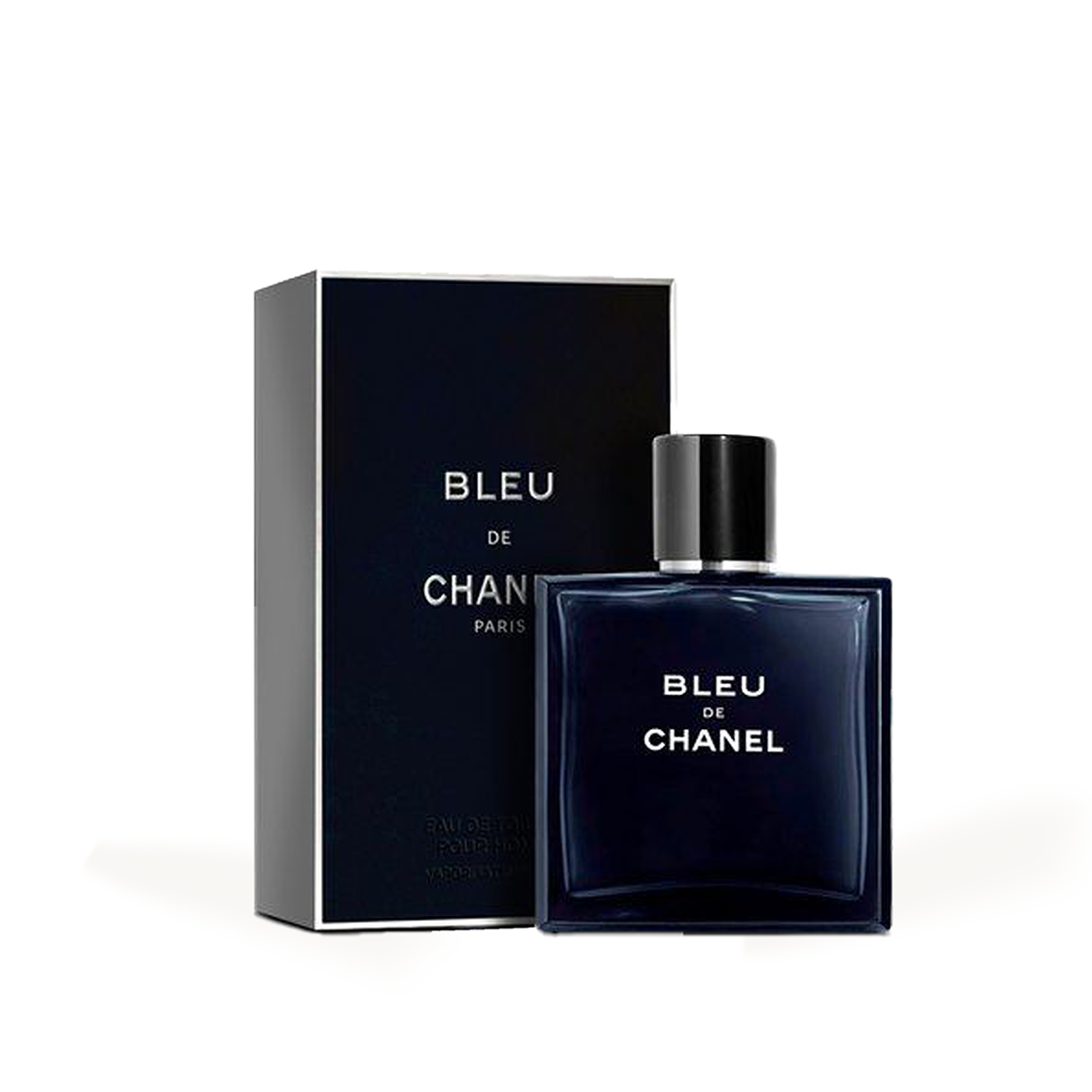 Deep navy bottle and box with silver text, minimalist white background.