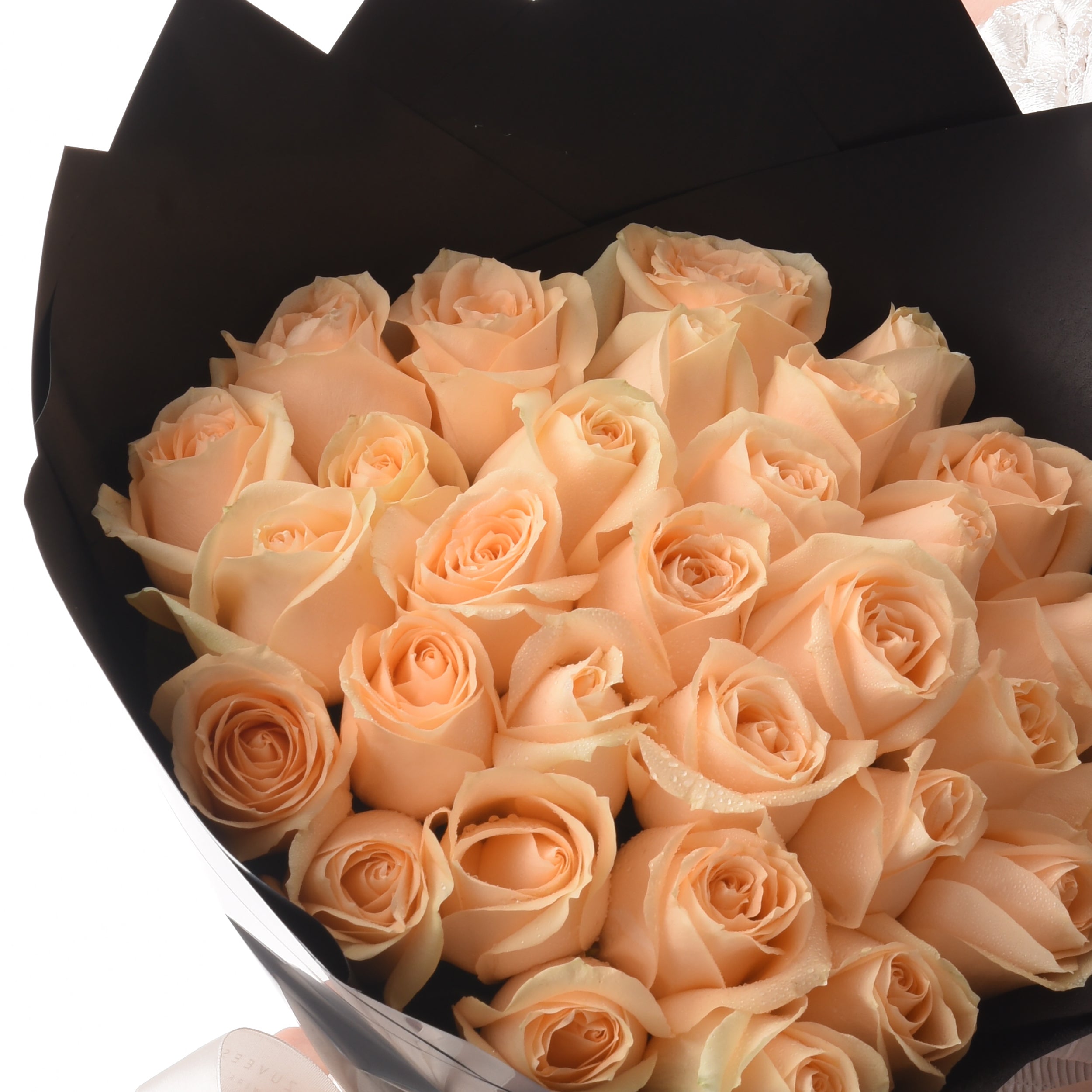 Soft peach roses glisten with dew, nestled in sleek black wrapping.
