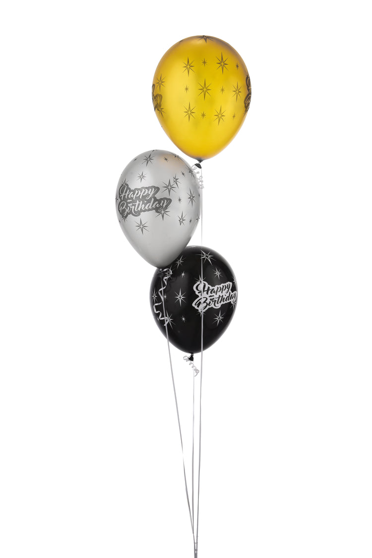 Three metallic balloons—gold, silver, black—with star patterns and "Happy Birthday" text.