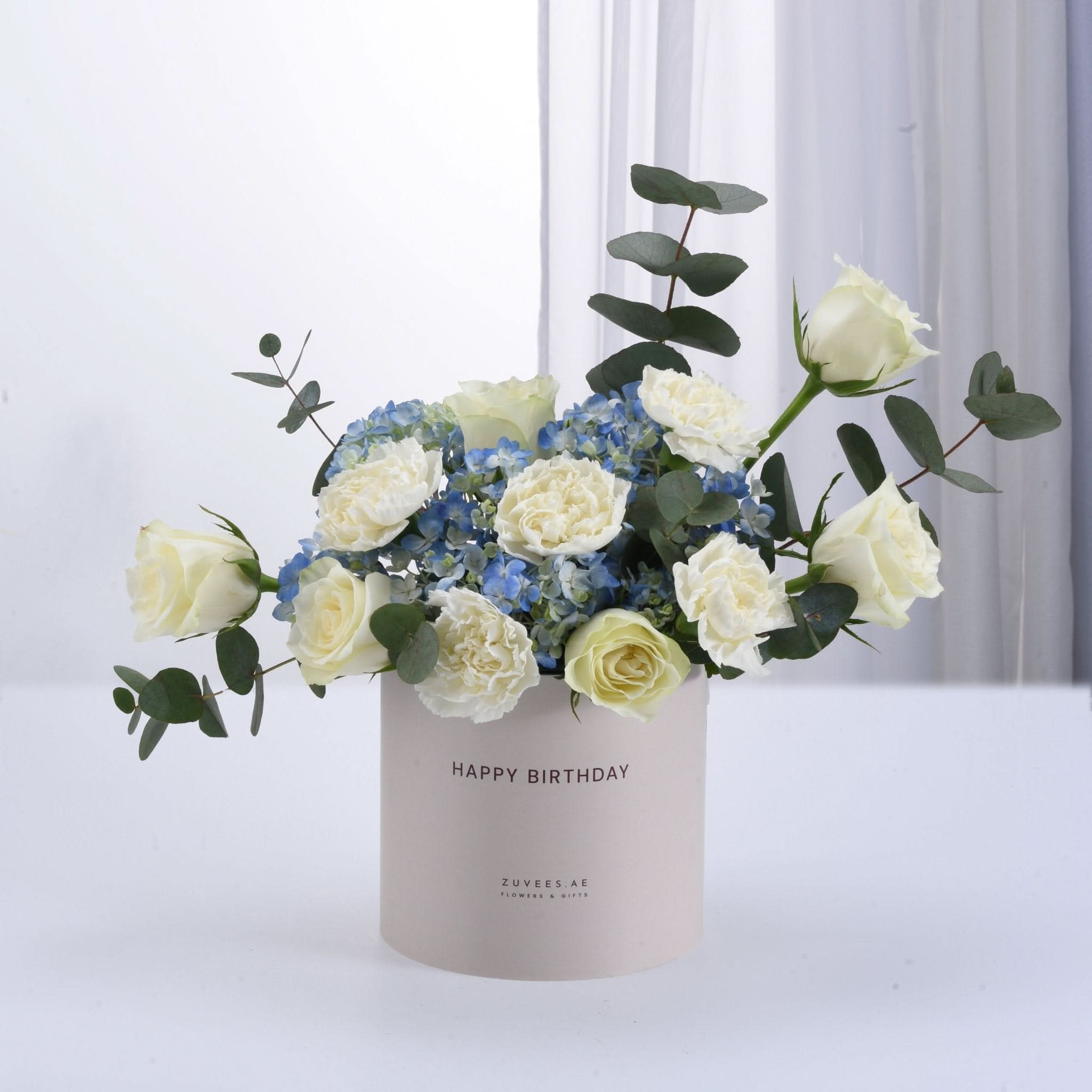 Serene Blue & White Birthday Bloom Box - Zuvees.ae