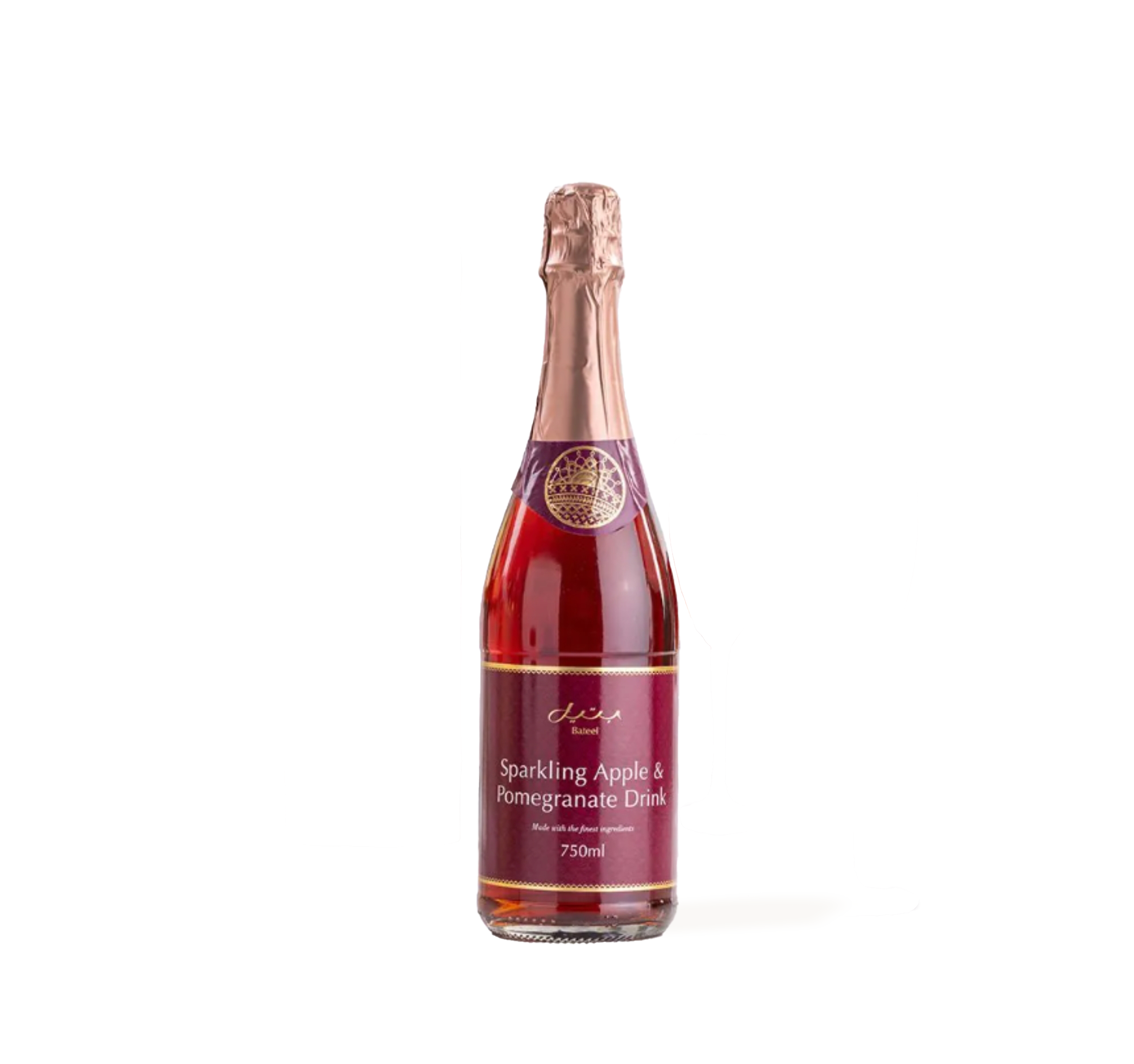 Elegant 750ml bottle of Sparkling Apple & Pomegranate Drink, rich red hue, gold foil cap.