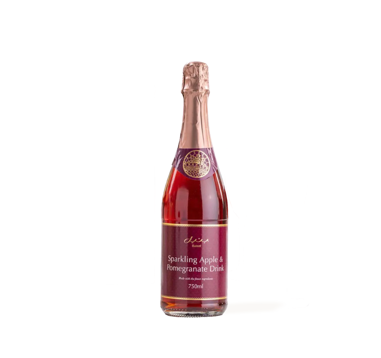 Elegant 750ml bottle of Sparkling Apple & Pomegranate Drink, rich red hue, gold foil cap.