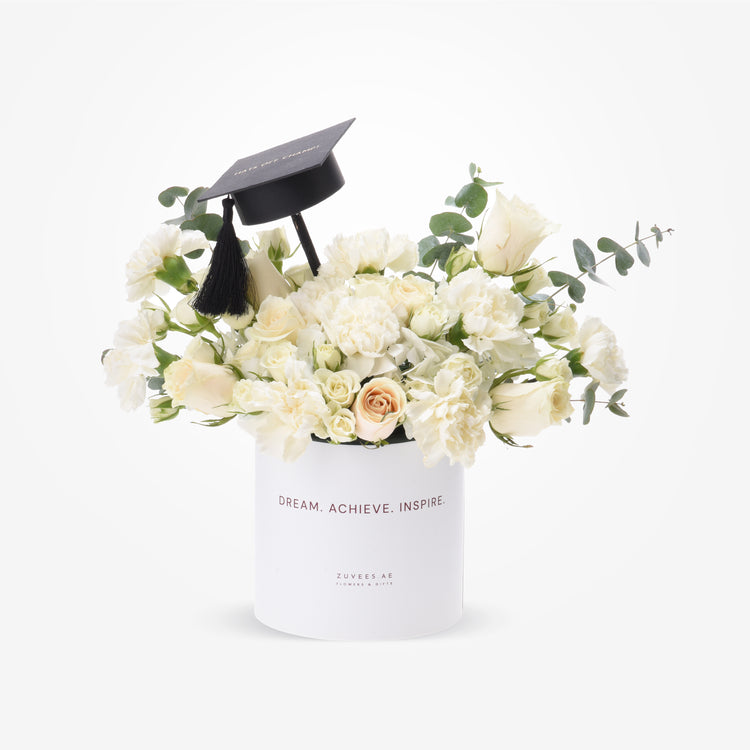 The Purest Triumph – All-White Graduation Flower Box