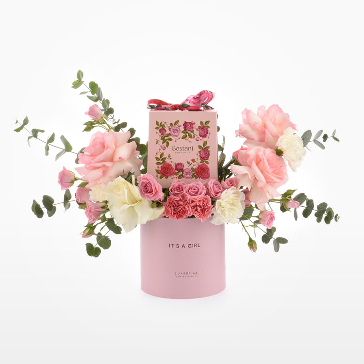 Pink floral arrangement with chocolate gift box, "It&