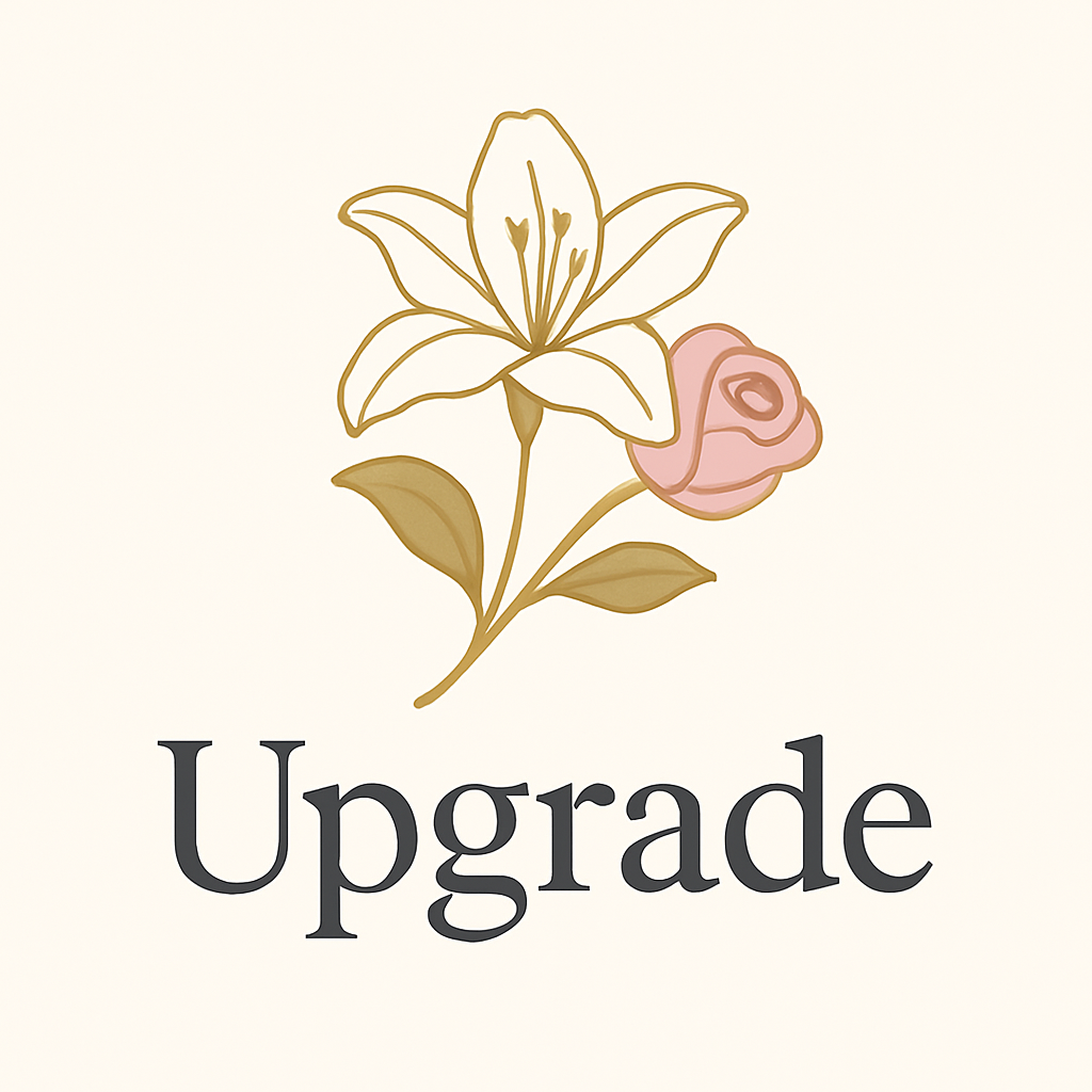 Elegant floral logo with gold lily, pink rose, and “Upgrade” text.