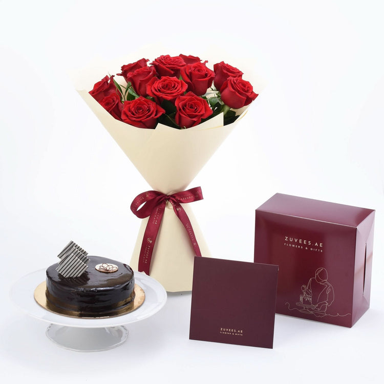 12 Roses Eternal Love Bouquet with Chocolate Cake - Zuvees.ae