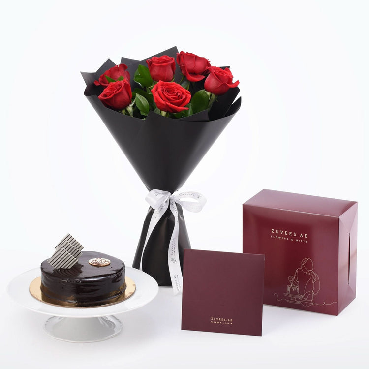6 Roses Royal Romance Bouquet with Chocolate Cake - Zuvees.ae