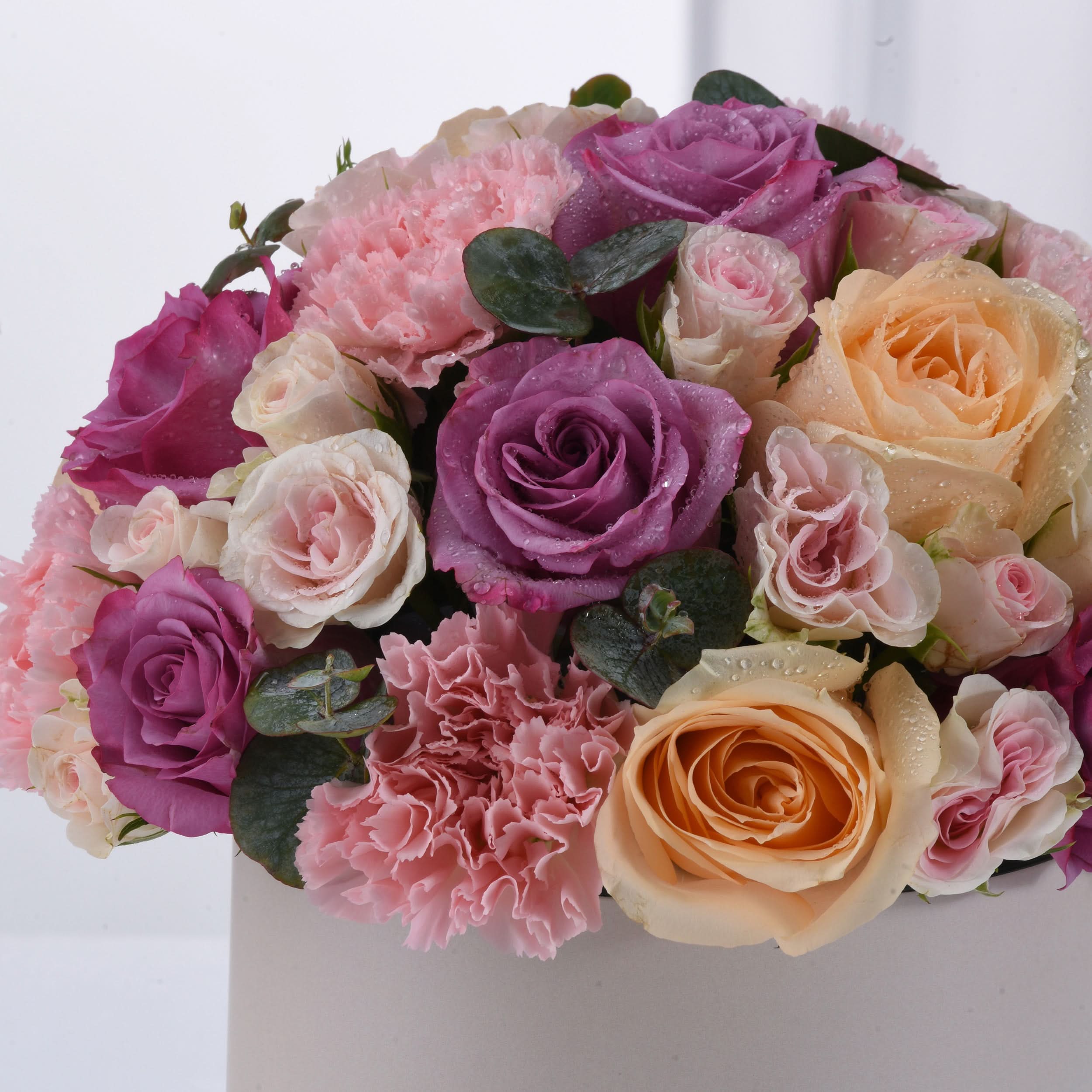 Vibrant pink, purple, and peach roses with dewdrops in a white box.