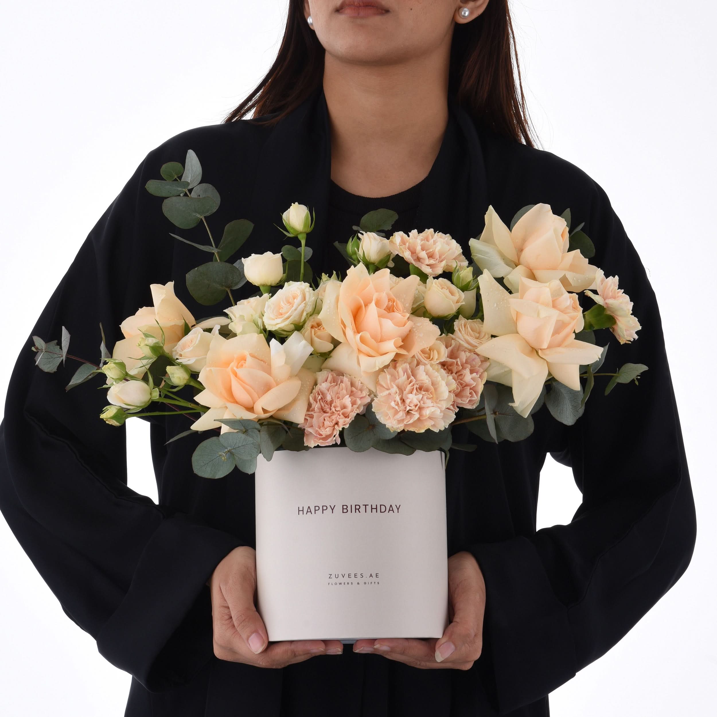 Peach Blossom Birthday Bloom Box & Cake Combo - Zuvees.ae