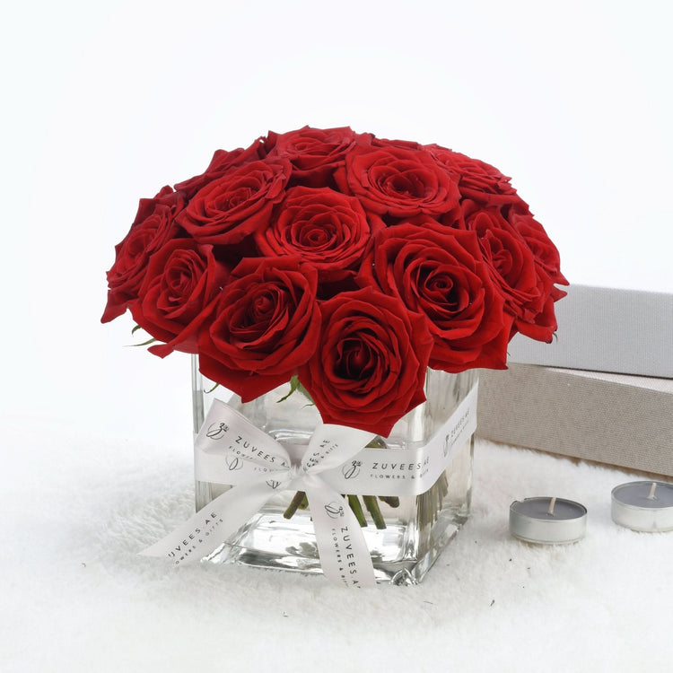 Red Elegance in Glass Vase - Zuvees.ae
