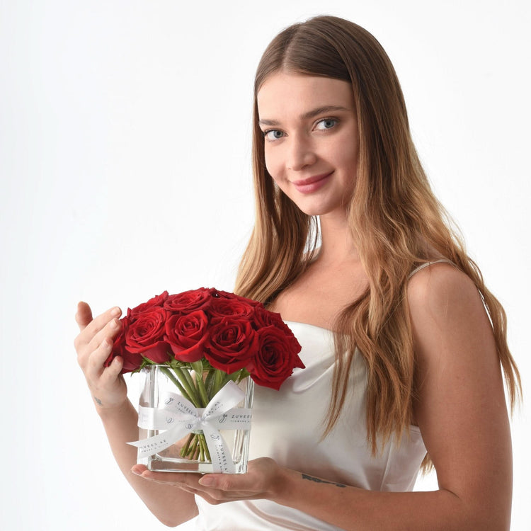 Red Elegance in Glass Vase - Zuvees.ae