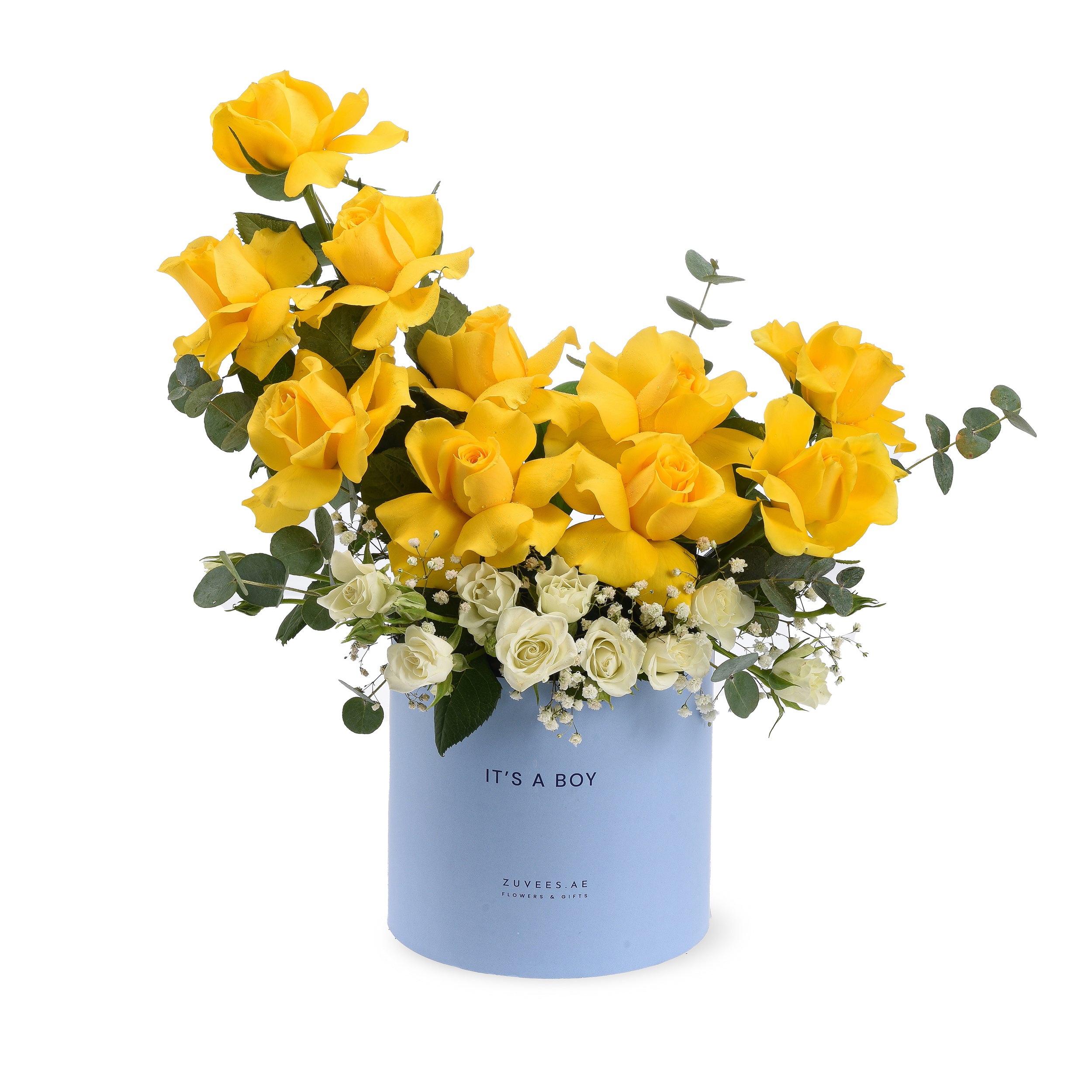 Vibrant yellow roses and white blooms in light blue “It’s a Boy” cylinder.