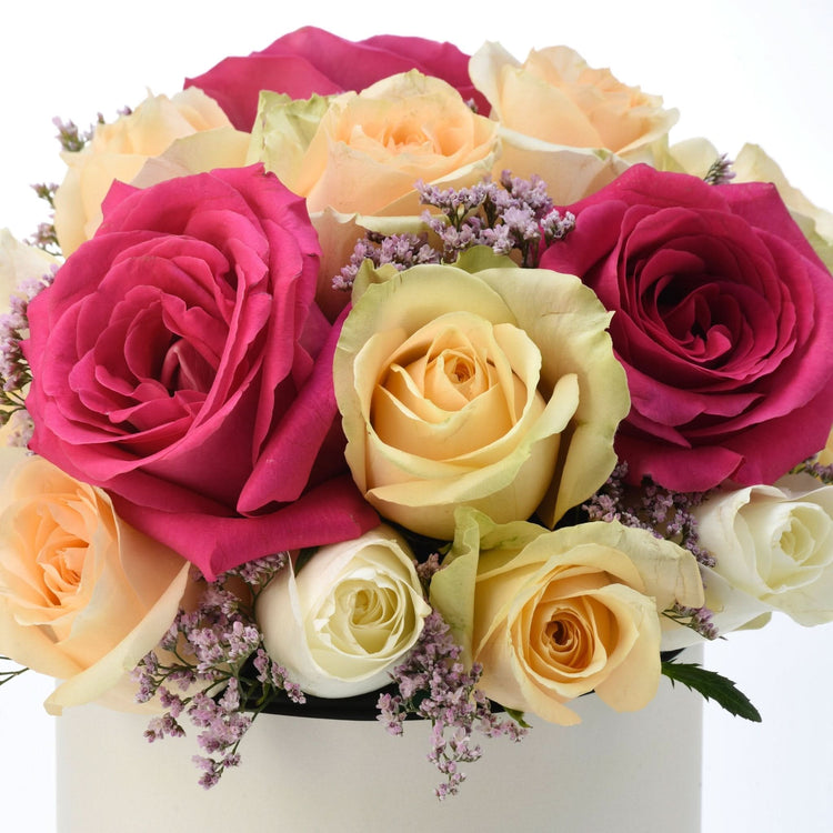 Vibrant pink, peach, and cream roses accented with purple filler blooms in a sleek white box.