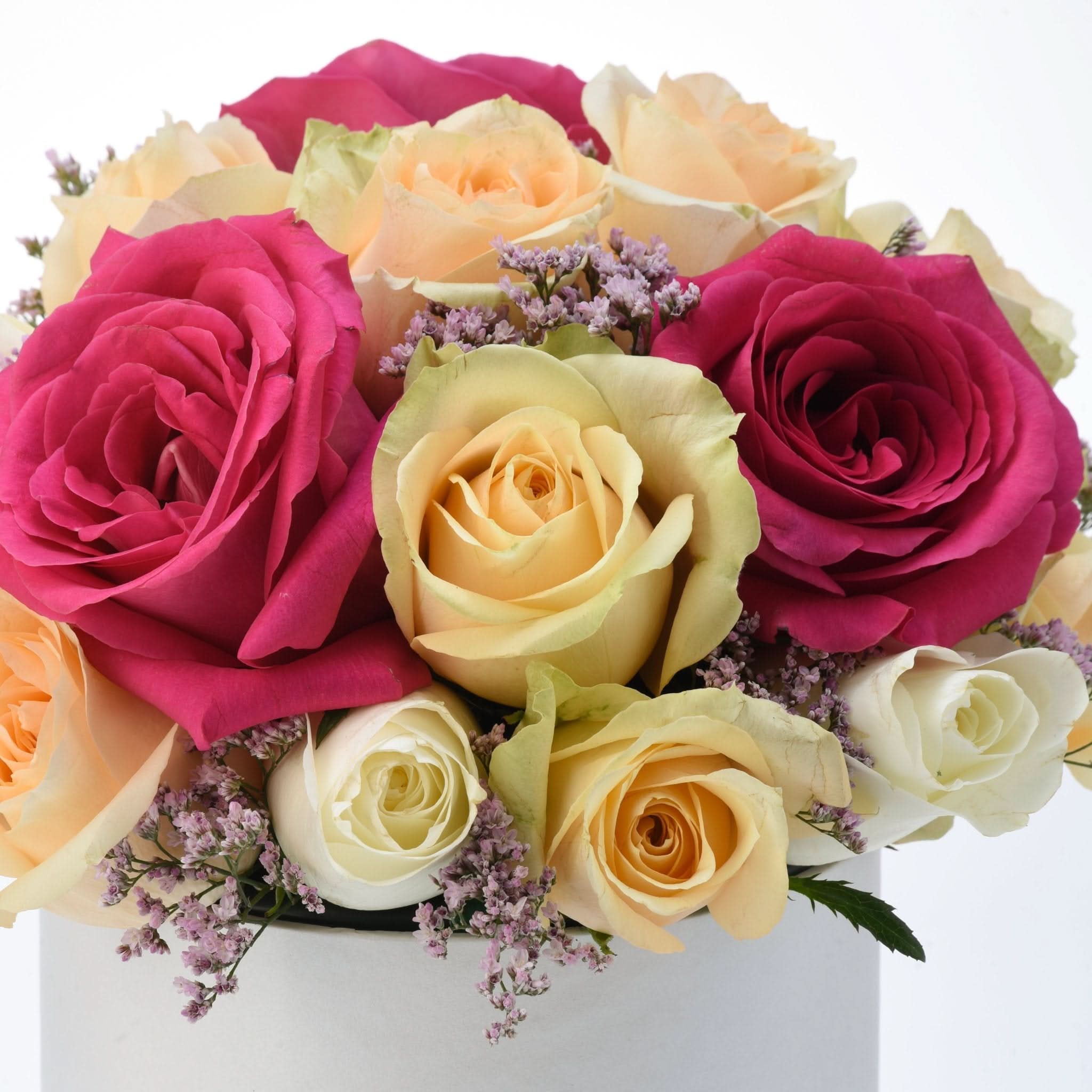 Vibrant pink, peach, and cream roses accented with purple filler flowers in white box.