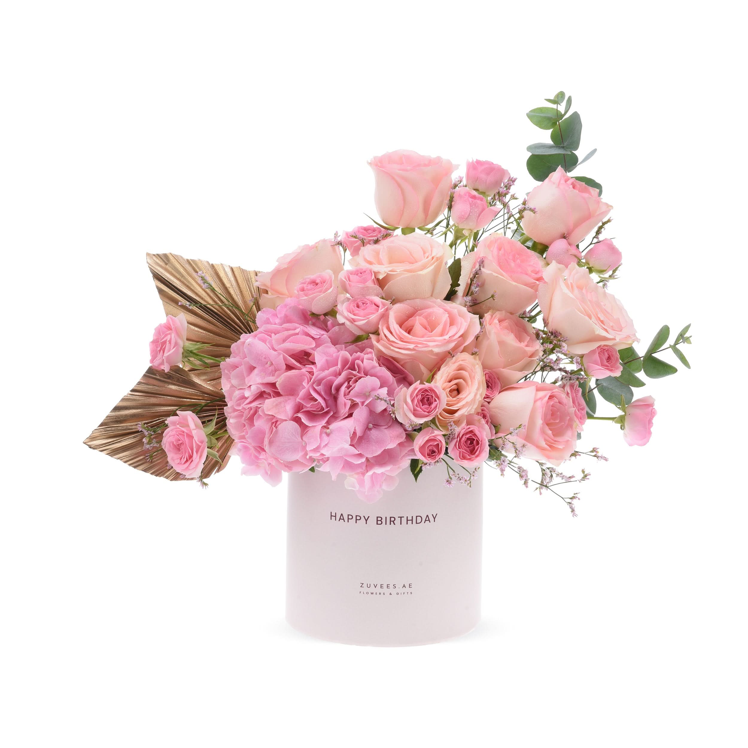 Soft pink roses and hydrangeas in white box with "Happy Birthday" text.