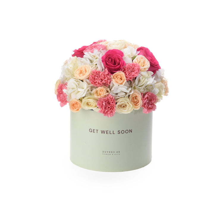 Pastel green box overflowing with pink, peach, and white roses and carnations, "Get Well Soon" message.