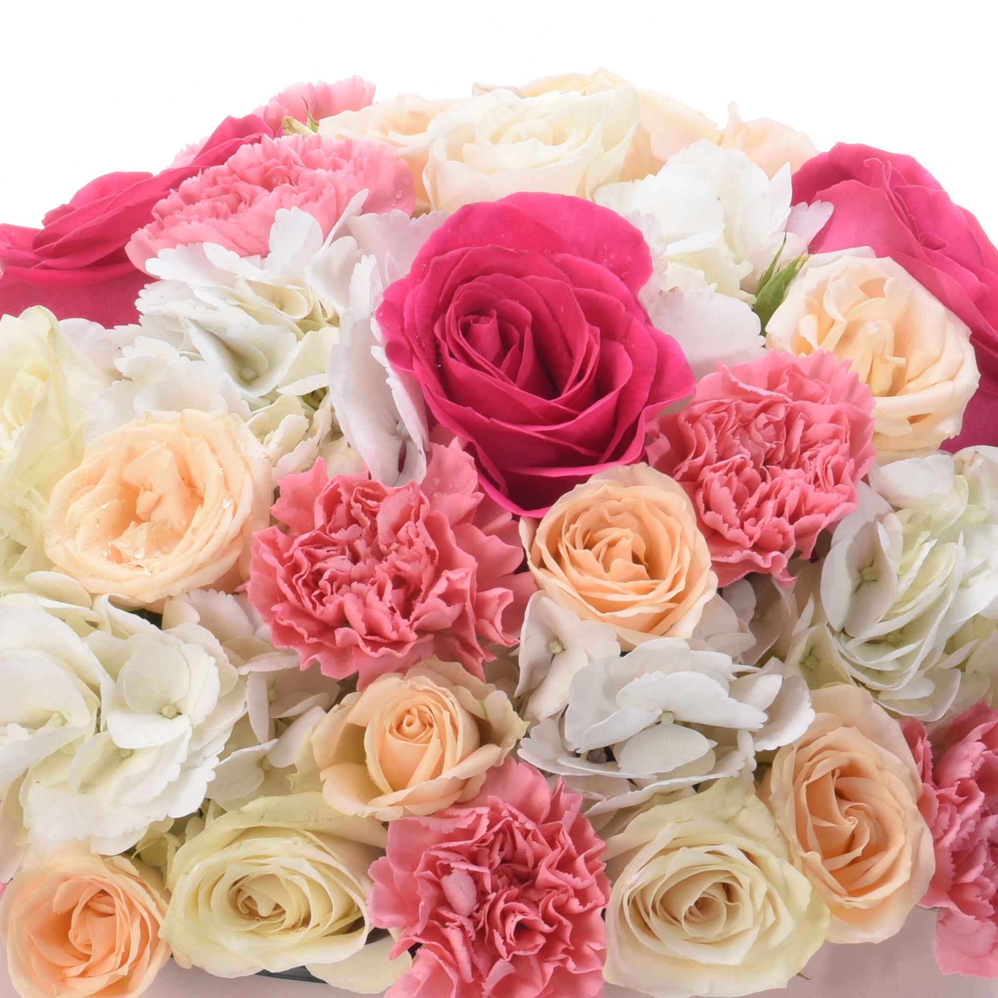 Vibrant pink, peach, and white roses and carnations in lush, full bloom.