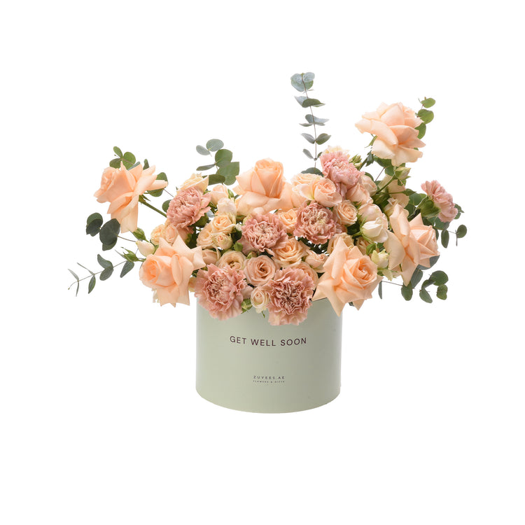 Pastel peach roses and carnations in mint box reading "Get Well Soon".