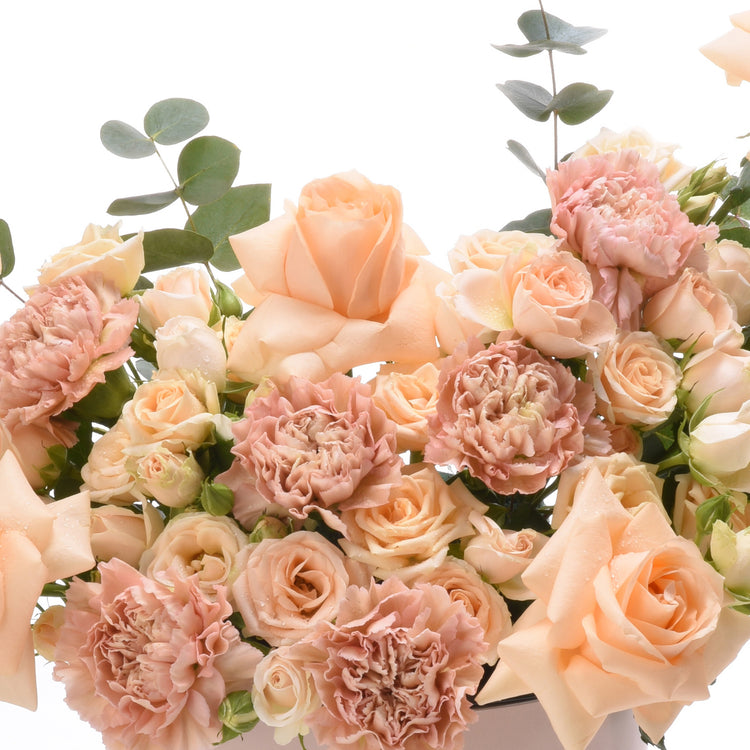 Soft peach roses and carnations with dewdrops, accented by eucalyptus.
