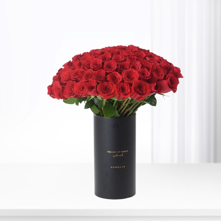 100 Red Roses In Black Vase - Zuvees.ae