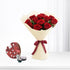Vibrant red roses in cream paper, tied with burgundy ribbon, paired with heart-themed skincare set.