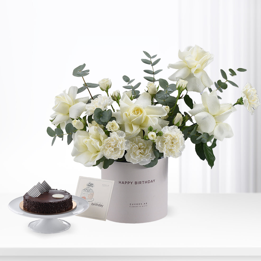 Ethereal White Bloom Birthday Box &amp; Cake Combo