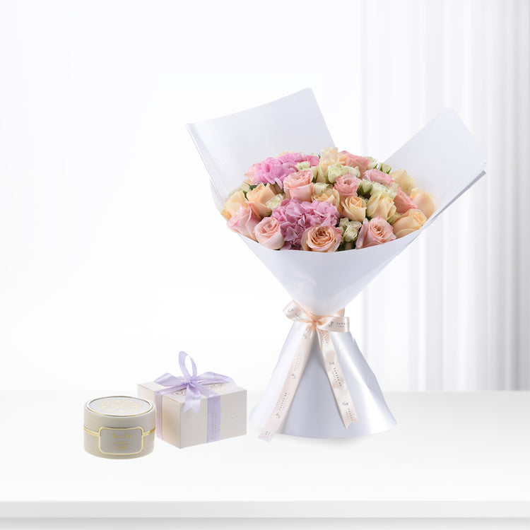 Peach &amp; Pink Rose Bouquet with Rasasi Bakhoor