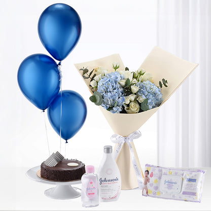 Blue balloons, hydrangea bouquet, baby essentials, chocolate cake, elegant baby shower gift set.