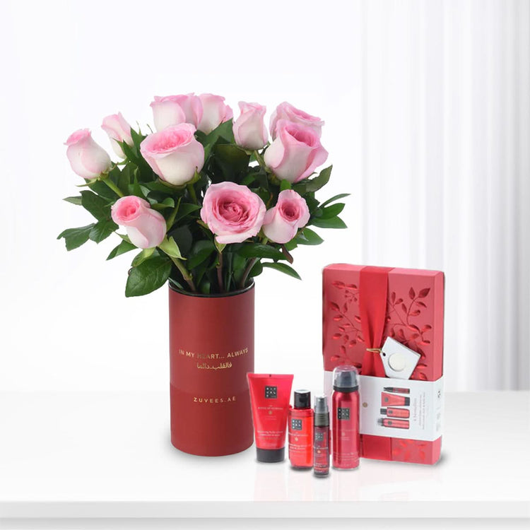 12 Pink Roses Vase To Mom Rituals Combo - Zuvees.ae
