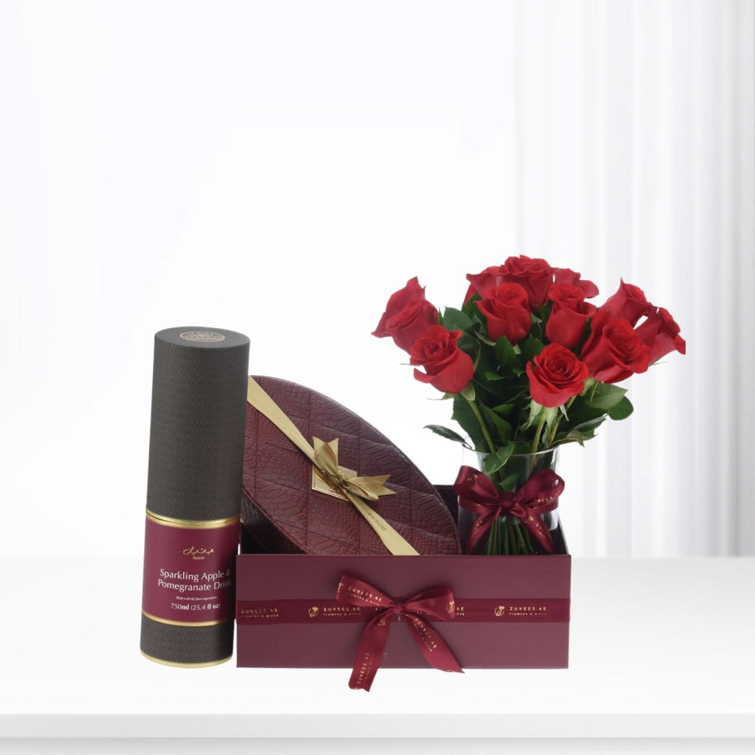 12 Red Roses Hamper Box with Juice - Zuvees.ae