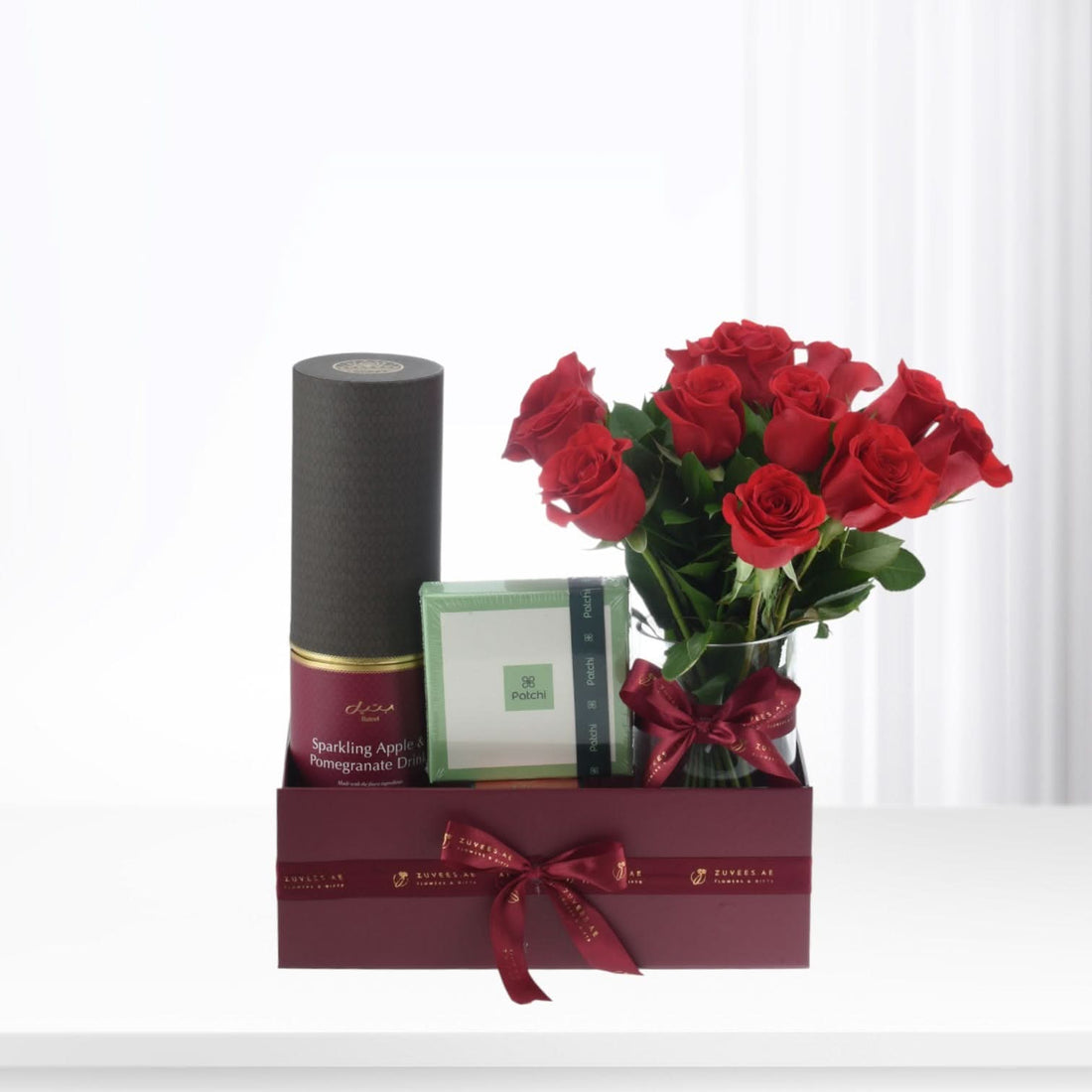 12 Red Roses Hamper Box with Juice - Zuvees.ae