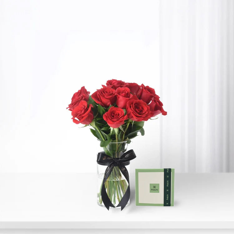 12 Valentine Red Roses Vase Chocolate Combo - Zuvees.ae